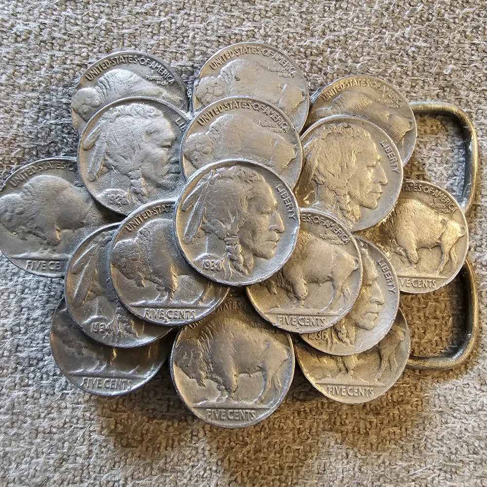 Vintage • CJ Inc 1986 Pewter Belt Buckle Faux Stacked Buffalo Nickels USA